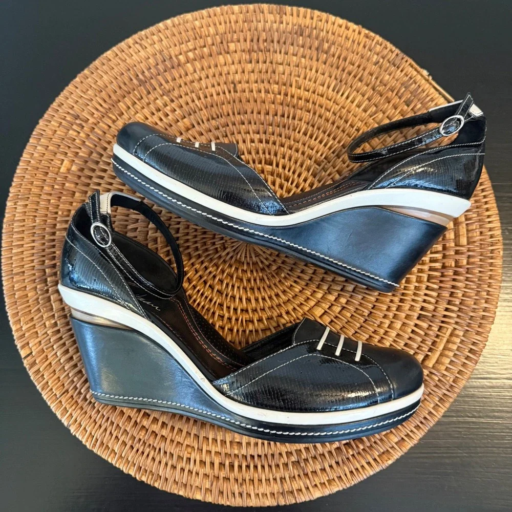 Cole Haan Black White Wedge Mary jane Ankle Strap Leather Heels‎ xNike air